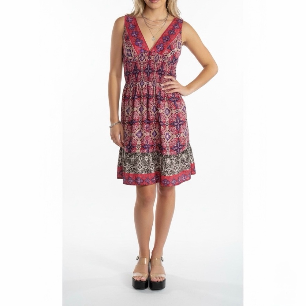 dELiA’S 90’s Y2K Floral Paisley Boho Print Smocked V-Neck Tiered Mini Dress M